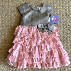 NWT Joe Ella Girls’ Gray And Pink Cap Sleeve Dress With Ruffled Skirt, Size 4